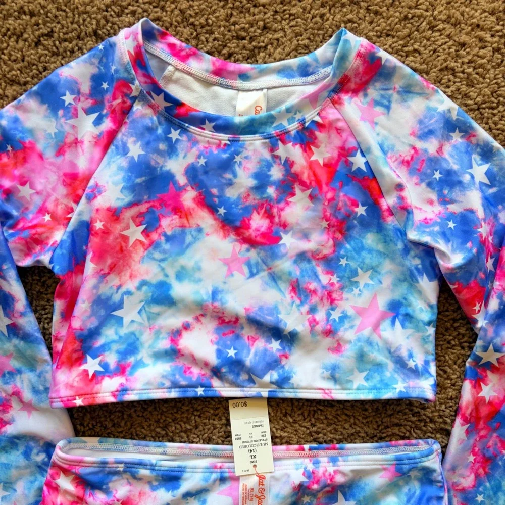 Cat & Jack Patriotic Tie Dye Stars Rash Guard Bikini Swim Bathing Suit XL 14 NWT